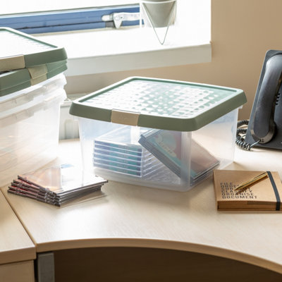 Wham Clip 4x 9L Square Plastic Storage Boxes with Secure Clip Lock Lids. L:29 x W:29 x H:15.5cm Clear/Green Milieu/Stone - 5