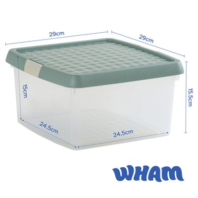 Wham Clip 4x 9L Square Plastic Storage Boxes with Secure Clip Lock Lids. L:29 x W:29 x H:15.5cm Clear/Green Milieu/Stone - 6