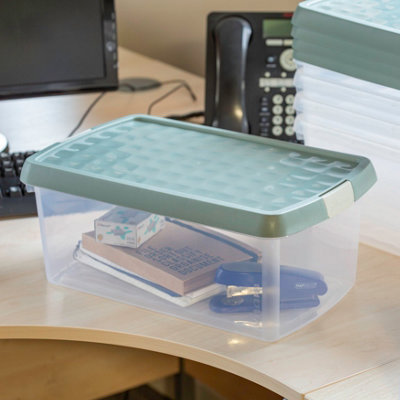 Wham Clip 5x 10.5L Rectangular Plastic Storage Boxes with Secure Clip Lock Lids. L:39 x W:24 x H:15.5cm Clear/Green Milieu/Stone