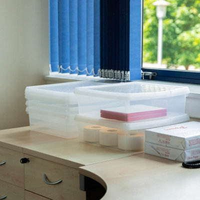 Wham Clip 5x 13.2L Square Plastic Storage Boxes with Secure Clip Lock Lids. L:39.5 x W:39.5 x H:12cm Clear/Clear/Clear