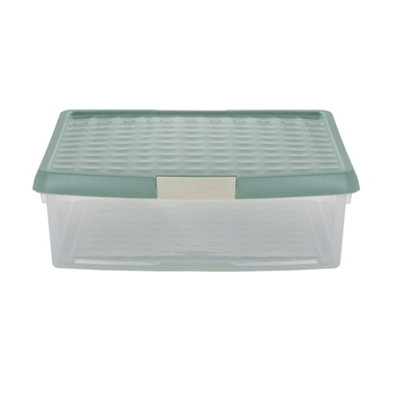 Wham Clip 5x 13.2L Square Plastic Storage Boxes with Secure Clip Lock Lids. L:39.5 x W:39.5 x H:12cm Clear/Green Milieu/Stone