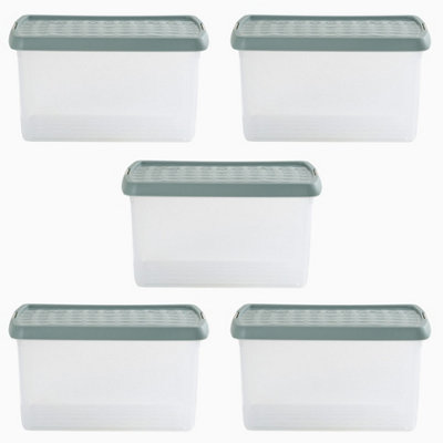 Wham Clip 5x 14L Rectangular Plastic Storage Boxes with Secure Clip Lock Lids. L:39 x W:24 x H:21cm Clear/Green Milieu/Stone