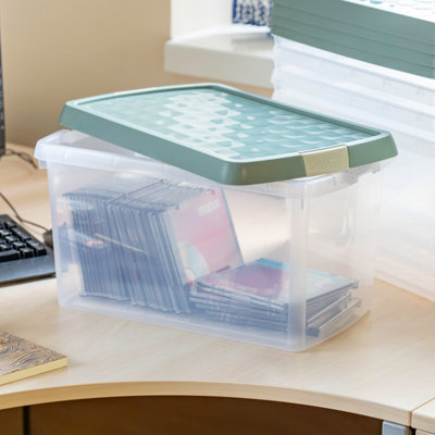 Wham Clip 5x 14L Rectangular Plastic Storage Boxes with Secure Clip Lock Lids. L:39 x W:24 x H:21cm Clear/Green Milieu/Stone