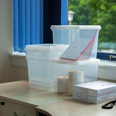 Wham Clip 5x 14L Square Plastic Storage Boxes with Secure Clip Lock Lids. L:29 x W:29 x H:26cm Clear/Clear/Clear