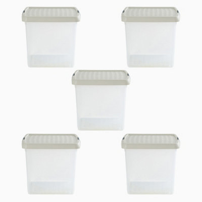 Wham Clip 5x 14L Square Plastic Storage Boxes with Secure Clip Lock Lids. L:29 x W:29 x H:26cm Clear/Stone/Slate Grey