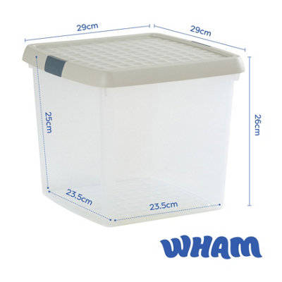 Wham Clip 5x 14L Square Plastic Storage Boxes with Secure Clip Lock Lids. L:29 x W:29 x H:26cm Clear/Stone/Slate Grey - 6