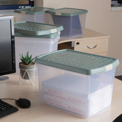 Wham Clip 5x 21.5L Rectangular Plastic Storage Boxes with Secure Clip Lock Lids. L:39 x W:29 x H:25.5cm Clear/Green Milieu/Stone