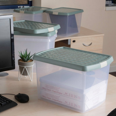 Wham Clip 5x 21.5L Rectangular Plastic Storage Boxes with Secure Clip Lock Lids. L:39 x W:29 x H:25.5cm Clear/Green Milieu/Stone - 5