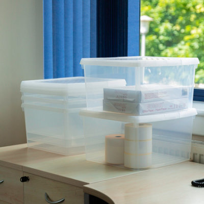 Wham Clip 5x 25.5L Square Plastic Storage Boxes with Secure Clip Lock Lids. L:39.5 x W:39.5 x H:22.5cm Clear/Clear/Clear