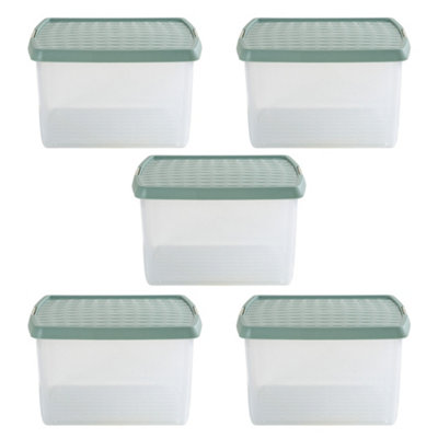 Wham Clip 5x 25.5L Square Plastic Storage Boxes with Secure Clip Lock Lids. L:39.5 x W:39.5 x H:22.5cm Clear/Green Milieu/Stone