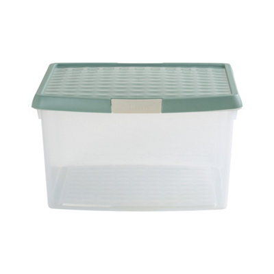 Wham Clip 5x 25.5L Square Plastic Storage Boxes with Secure Clip Lock Lids. L:39.5 x W:39.5 x H:22.5cm Clear/Green Milieu/Stone - 4