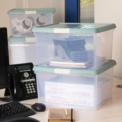 Wham Clip 5x 25.5L Square Plastic Storage Boxes with Secure Clip Lock Lids. L:39.5 x W:39.5 x H:22.5cm Clear/Green Milieu/Stone - 5