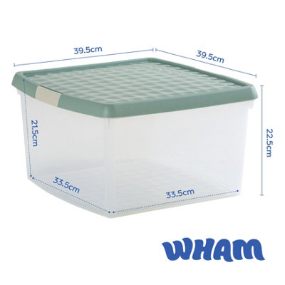 Wham Clip 5x 25.5L Square Plastic Storage Boxes with Secure Clip Lock Lids. L:39.5 x W:39.5 x H:22.5cm Clear/Green Milieu/Stone - 6