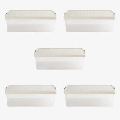 Wham Clip 5x 30L Rectangular Plastic Storage Boxes with Secure Clip Lock Lids. L:59.5 x W:39.5 x H:17cm Clear/Stone/Slate Grey