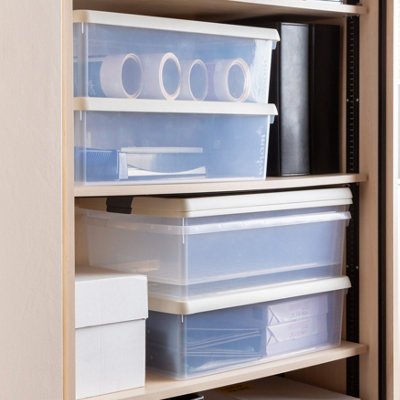 Wham Clip 5x 30L Rectangular Plastic Storage Boxes with Secure Clip Lock Lids. L:59.5 x W:39.5 x H:17cm Clear/Stone/Slate Grey - 5