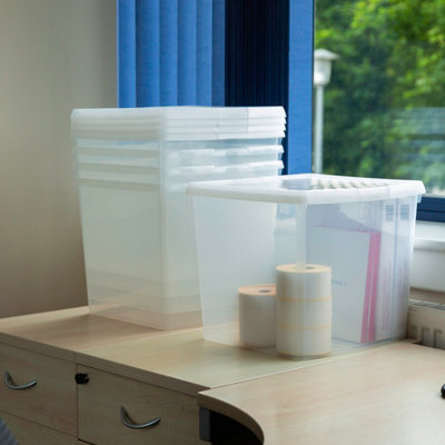 Wham Clip 5x 37L Square Plastic Storage Boxes with Secure Clip Lock Lids. L:39.5 x W:39.5 x H:33.5cm Clear/Clear/Clear