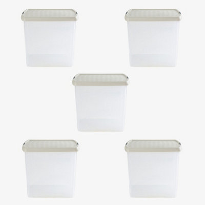 Wham Clip 5x 37L Square Plastic Storage Boxes with Secure Clip Lock Lids. L:39.5 x W:39.5 x H:33.5cm Clear/Stone/Slate Grey