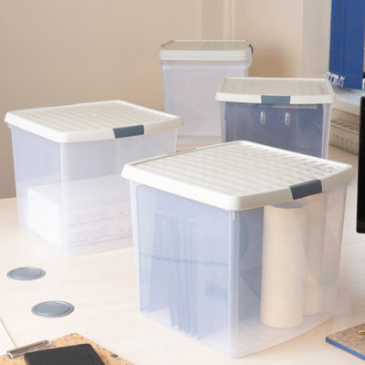 Wham Clip 5x 37L Square Plastic Storage Boxes with Secure Clip Lock Lids. L:39.5 x W:39.5 x H:33.5cm Clear/Stone/Slate Grey