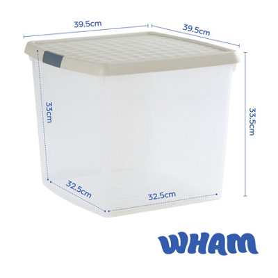 Wham Clip 5x 37L Square Plastic Storage Boxes with Secure Clip Lock Lids. L:39.5 x W:39.5 x H:33.5cm Clear/Stone/Slate Grey - 6