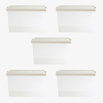 Wham Clip 5x 62L Rectangular Plastic Storage Boxes with Secure Clip Lock Lids. L:59.5 x W:39.5 x H:33.5cm Clear/Stone/Slate Grey