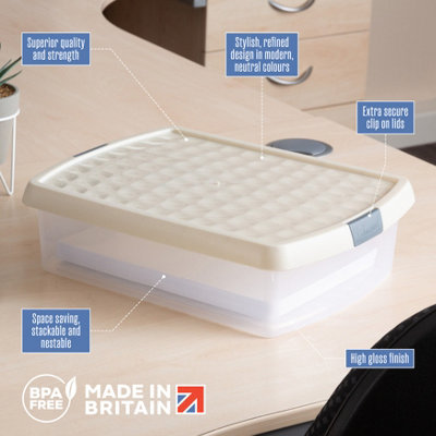 Wham Clip 5x 62L Rectangular Plastic Storage Boxes with Secure Clip Lock Lids. L:59.5 x W:39.5 x H:33.5cm Clear/Stone/Slate Grey