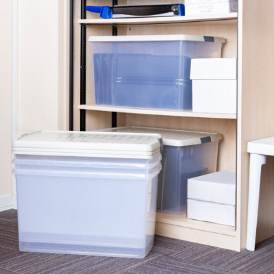 Wham Clip 5x 62L Rectangular Plastic Storage Boxes with Secure Clip Lock Lids. L:59.5 x W:39.5 x H:33.5cm Clear/Stone/Slate Grey - 5