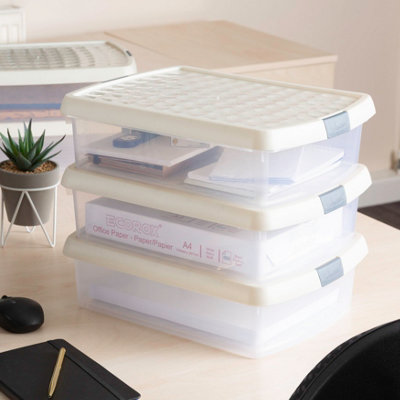 Wham Clip 5x 8.5L Rectangular Plastic Storage Boxes with Secure Clip Lock Lids. L:39 x W:29 x H:10.5cm Clear/Stone/Slate Grey