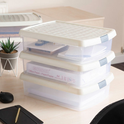 Wham Clip 5x 8.5L Rectangular Plastic Storage Boxes with Secure Clip Lock Lids. L:39 x W:29 x H:10.5cm Clear/Stone/Slate Grey - 5