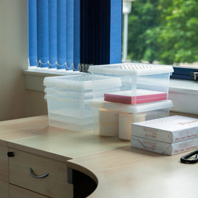 Wham Clip 5x 9L Square Plastic Storage Boxes with Secure Clip Lock Lids. L:29 x W:29 x H:15.5cm Clear/Clear/Clear