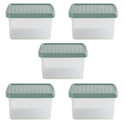 Wham Clip 5x 9L Square Plastic Storage Boxes with Secure Clip Lock Lids. L:29 x W:29 x H:15.5cm Clear/Green Milieu/Stone