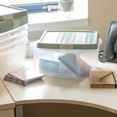 Wham Clip 5x 9L Square Plastic Storage Boxes with Secure Clip Lock Lids. L:29 x W:29 x H:15.5cm Clear/Green Milieu/Stone - 5