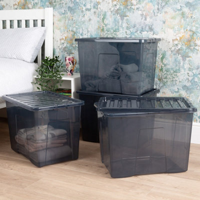Wham Crystal 4 x 80L Stackable Plastic Storage Boxes with Lids Tint Smoke