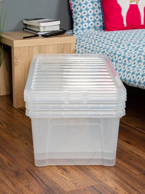 Wham Crystal 4x 62L Plastic Storage Boxes with Lids - Pack of 4.  Long, Large, Made in the UK Clear