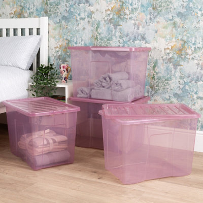 Wham Crystal 4x 80L Plastic Storage Boxes with Lids. Large Size, Strong. Made in the UK Tint Dusky Orchid