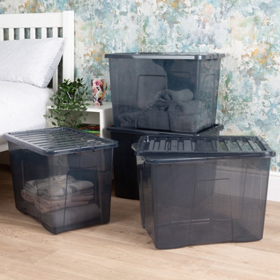 Wham Crystal 4x 80L Plastic Storage Boxes with Lids. Large Size, Strong. Made in the UK Tint Smoke