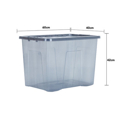 Wham Crystal 4x 80L Plastic Storage Boxes with Lids Tint Smoke (Black). Large Size, Strong (Pack of 4, 80 Litre)
