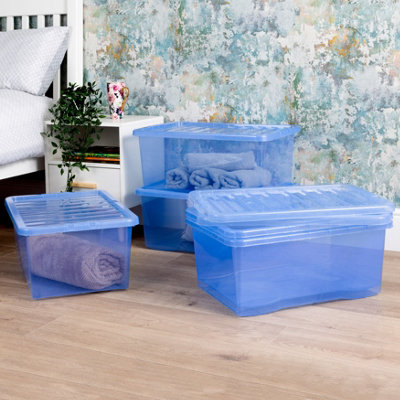 Wham Crystal 5 x 45L Stackable Plastic Storage Boxes with Lids Tint Blue