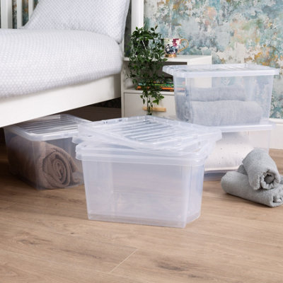 Wham Crystal 5x 28L Plastic Storage Boxes with Lids. Small Size, Strong. Made in the UK Clear