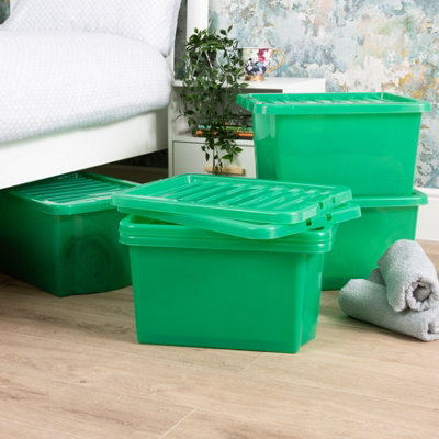 Wham Crystal 5x 28L Plastic Storage Boxes with Lids. Small Size, Strong . Made in the UK Tint Leprechaun Green