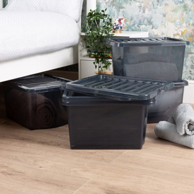 Wham Crystal 5x 28L Plastic Storage Boxes with Lids. Small Size, Strong . Made in the UK Tint Smoke