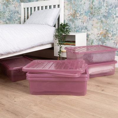 Wham Crystal 5x 32L Plastic Storage Boxes with Lids. Medium Size, Strong. Made in the UK Tint Dusky Orchid