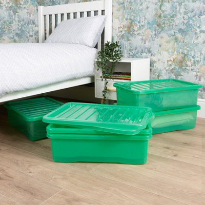 Wham Crystal 5x 32L Plastic Storage Boxes with Lids. Medium Size, Strong . Made in the UK Tint Leprechaun Green