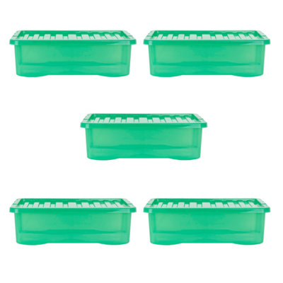 Wham Crystal 5x 32L Plastic Storage Boxes with Lids. Medium Size, Strong . Made in the UK Tint Leprechaun Green