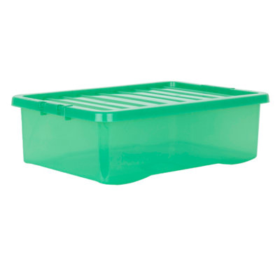 Wham Crystal 5x 32L Plastic Storage Boxes with Lids. Medium Size, Strong . Made in the UK Tint Leprechaun Green