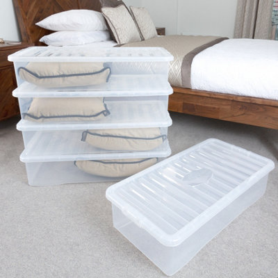 Wham Crystal 5x 42L Under bed Plastic Storage Boxes with Lids. Large Size, Strong . Made in the UK Clear