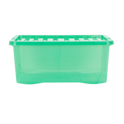 Wham Crystal 5x 45L Plastic Storage Boxes with Lids. Medium Size, Strong. Made in the UK Tint Leprechaun Green