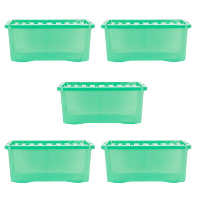 Wham Crystal 5x 45L Plastic Storage Boxes with Lids. Medium Size, Strong. Made in the UK Tint Leprechaun Green