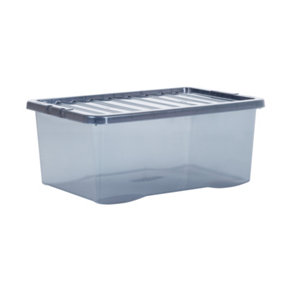Wham Crystal 5x 45L Plastic Storage Boxes with Lids Tint Smoke (Black). Medium Size, Strong (Pack of 5, 45 Litre)