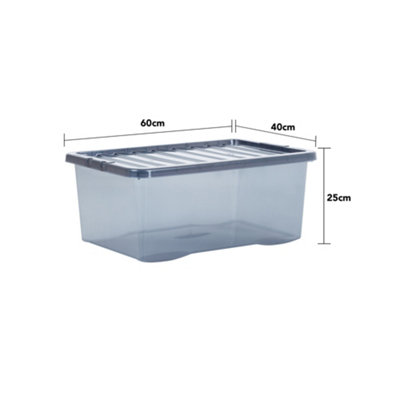 Wham Crystal 5x 45L Plastic Storage Boxes with Lids Tint Smoke (Black). Medium Size, Strong (Pack of 5, 45 Litre)