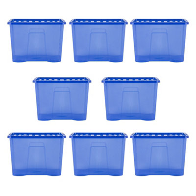 Wham Crystal 8 x 80L Stackable Plastic Storage Boxes with Lids Tint Spectrum Blue